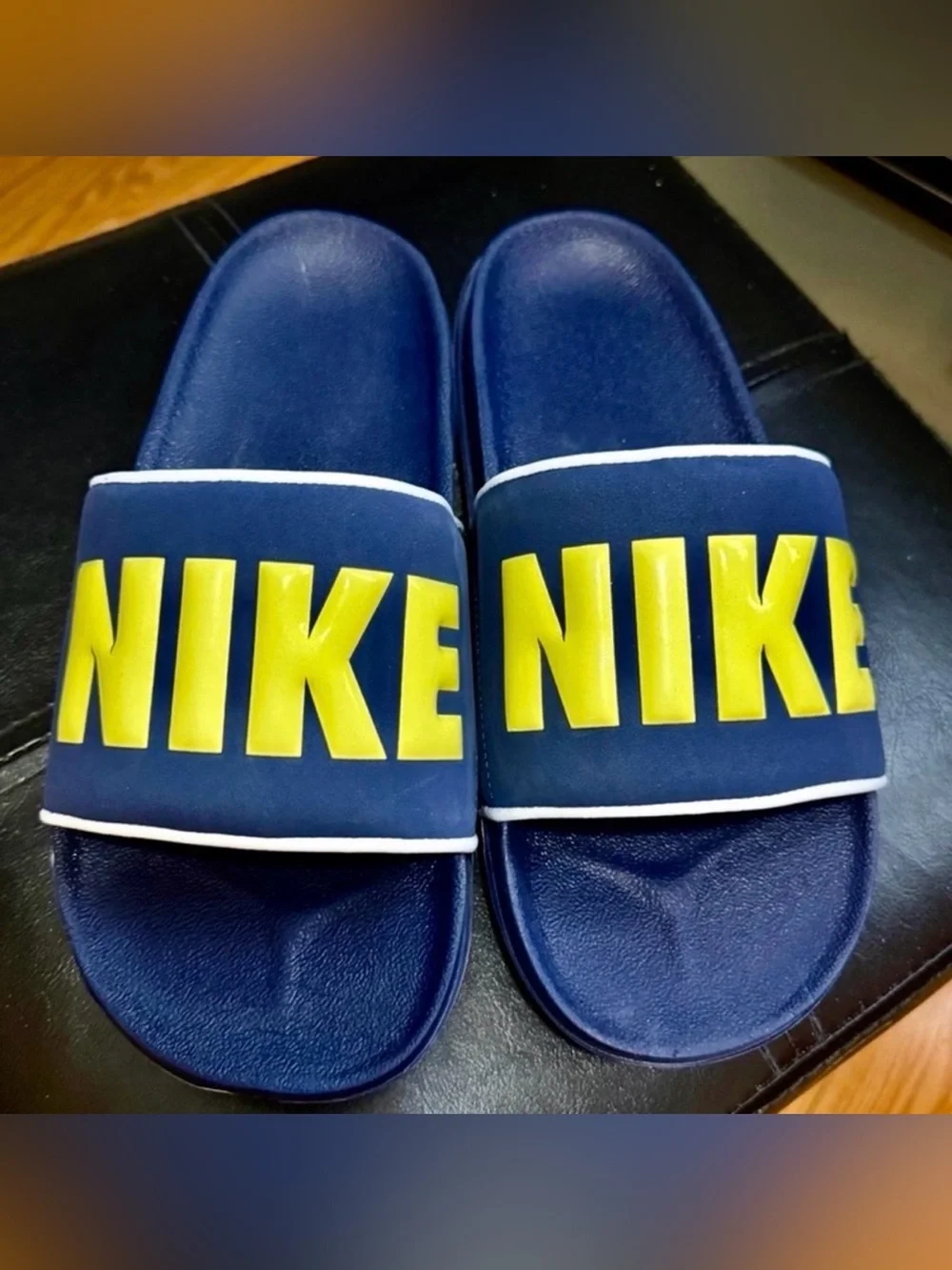 Nike Navy Slides with Yellow Logo for Kids